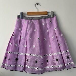 Anna SUI Purple Floral Embroidered Mesh circle skirt w/ gingham Print Trim